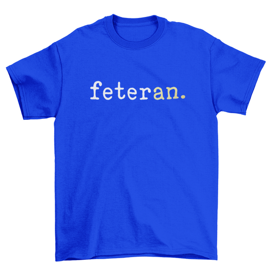 Feteran Short Sleeve Blue T-Shirt with White and Gold Text